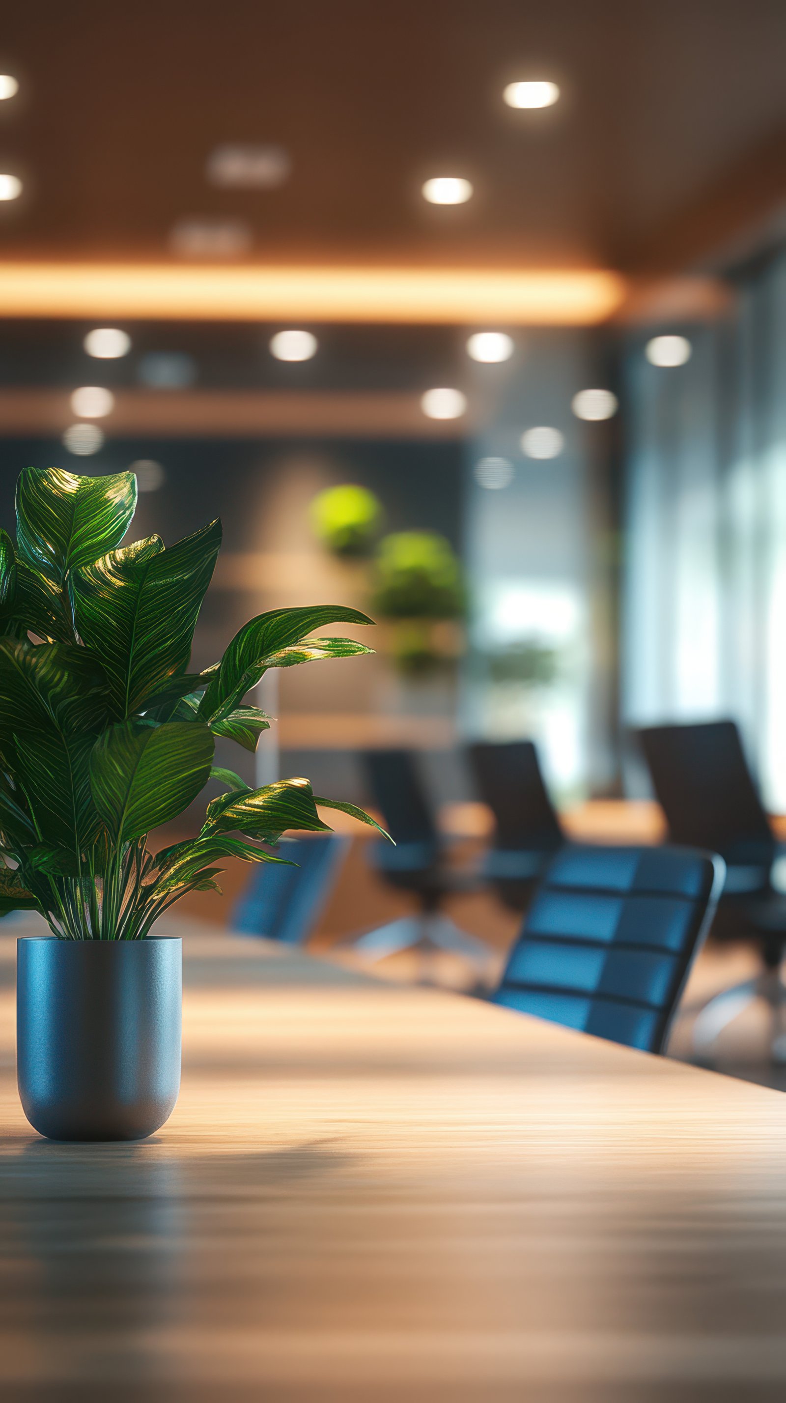 Peace lily sits in a conference room on a table with several blue chairs, showing an atmosphere of business